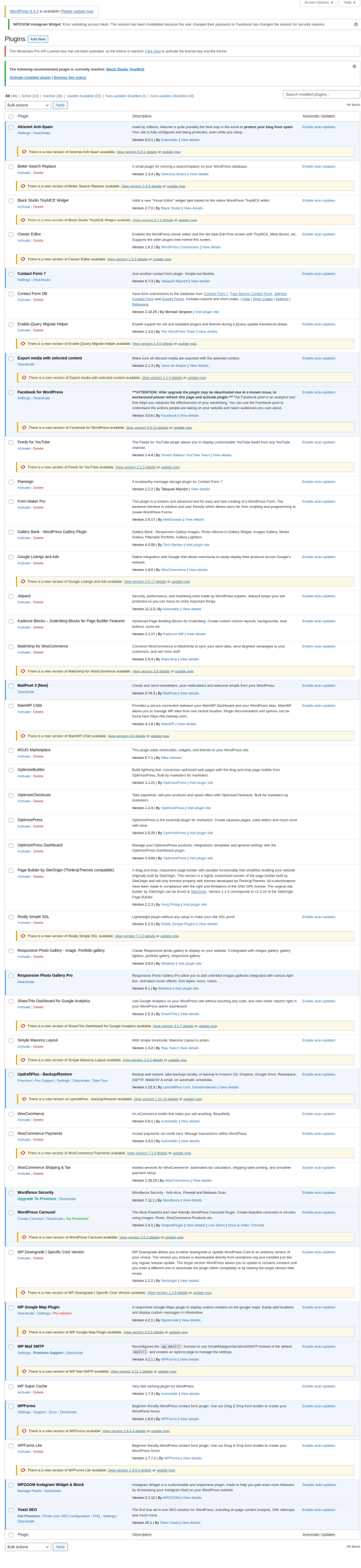 A WordPress plugins screen listing dozens of plugins